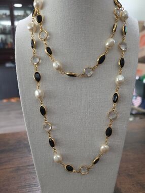 Gold-Finish Pearl & Black Stone Long Necklace